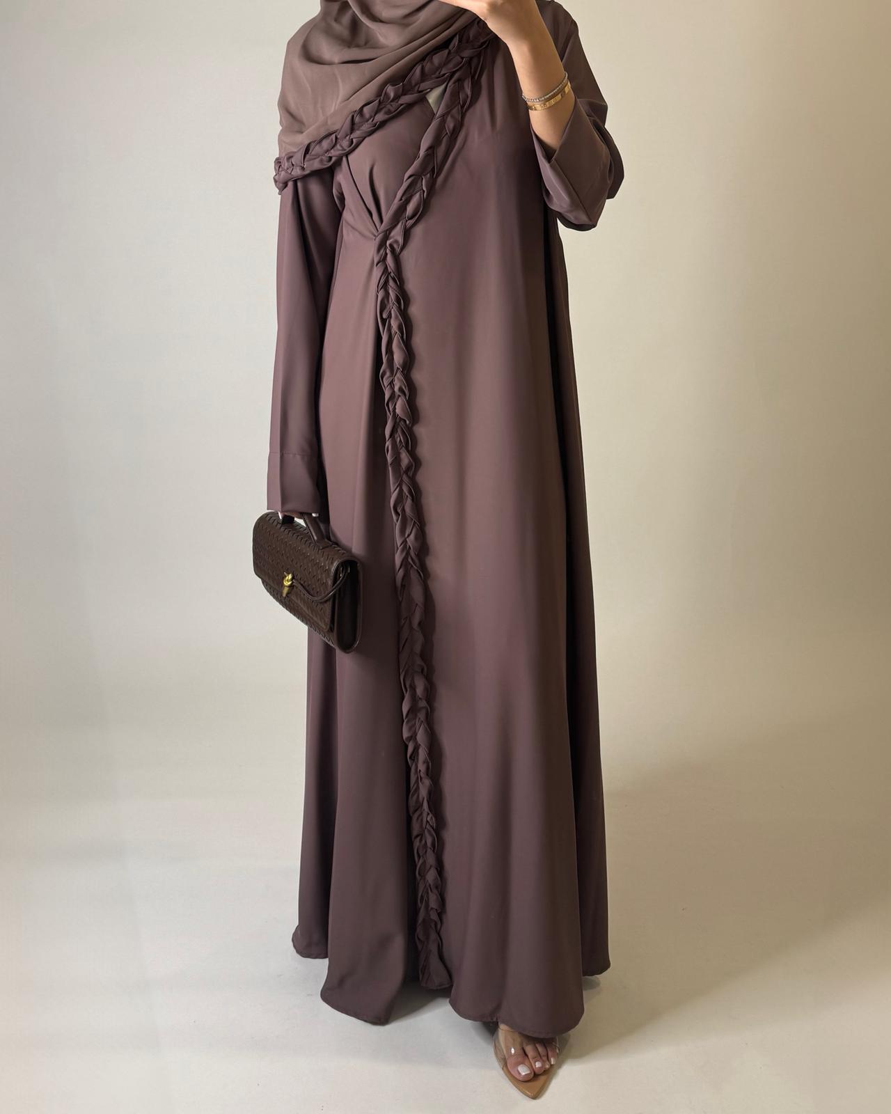A569 - Brown Braided A-Cut Crepe Abaya with Matching Head Scarf