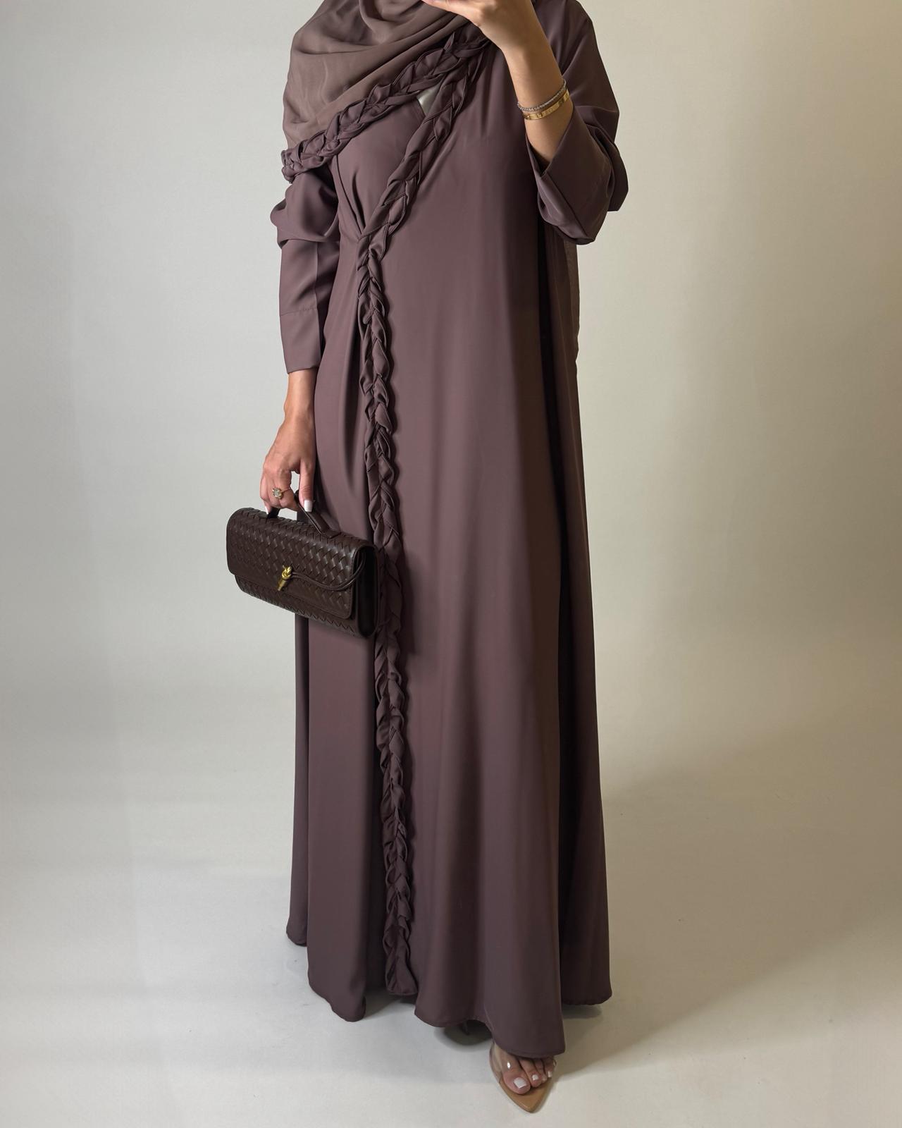 A569 - Brown Braided A-Cut Crepe Abaya with Matching Head Scarf
