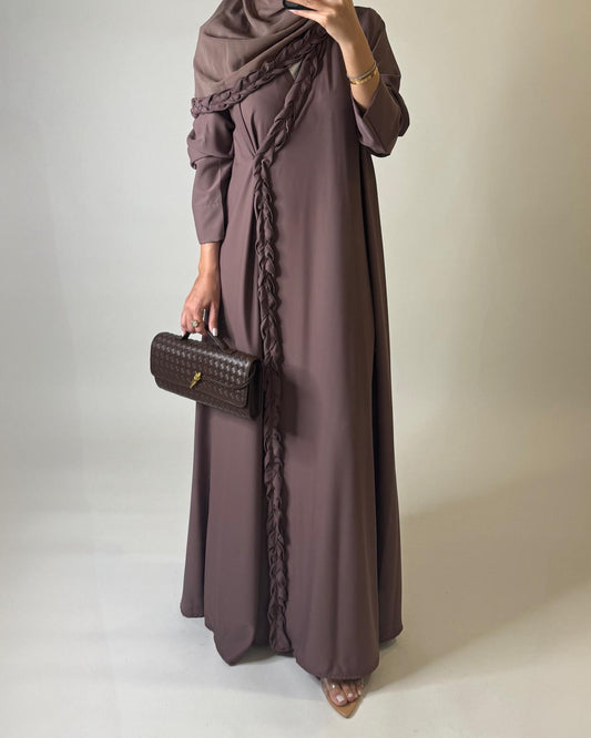 A569 - Brown Braided A-Cut Crepe Abaya with Matching Head Scarf