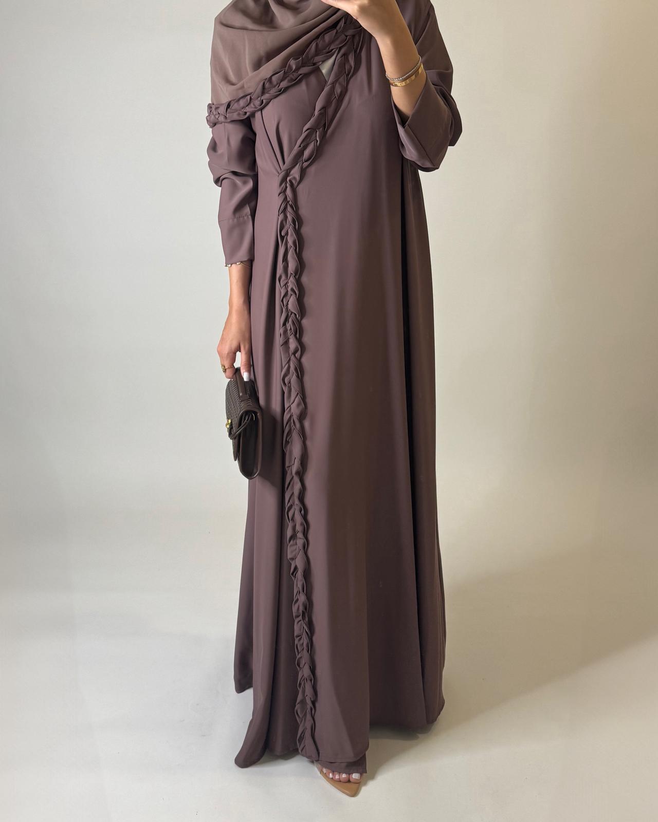 A569 - Brown Braided A-Cut Crepe Abaya with Matching Head Scarf