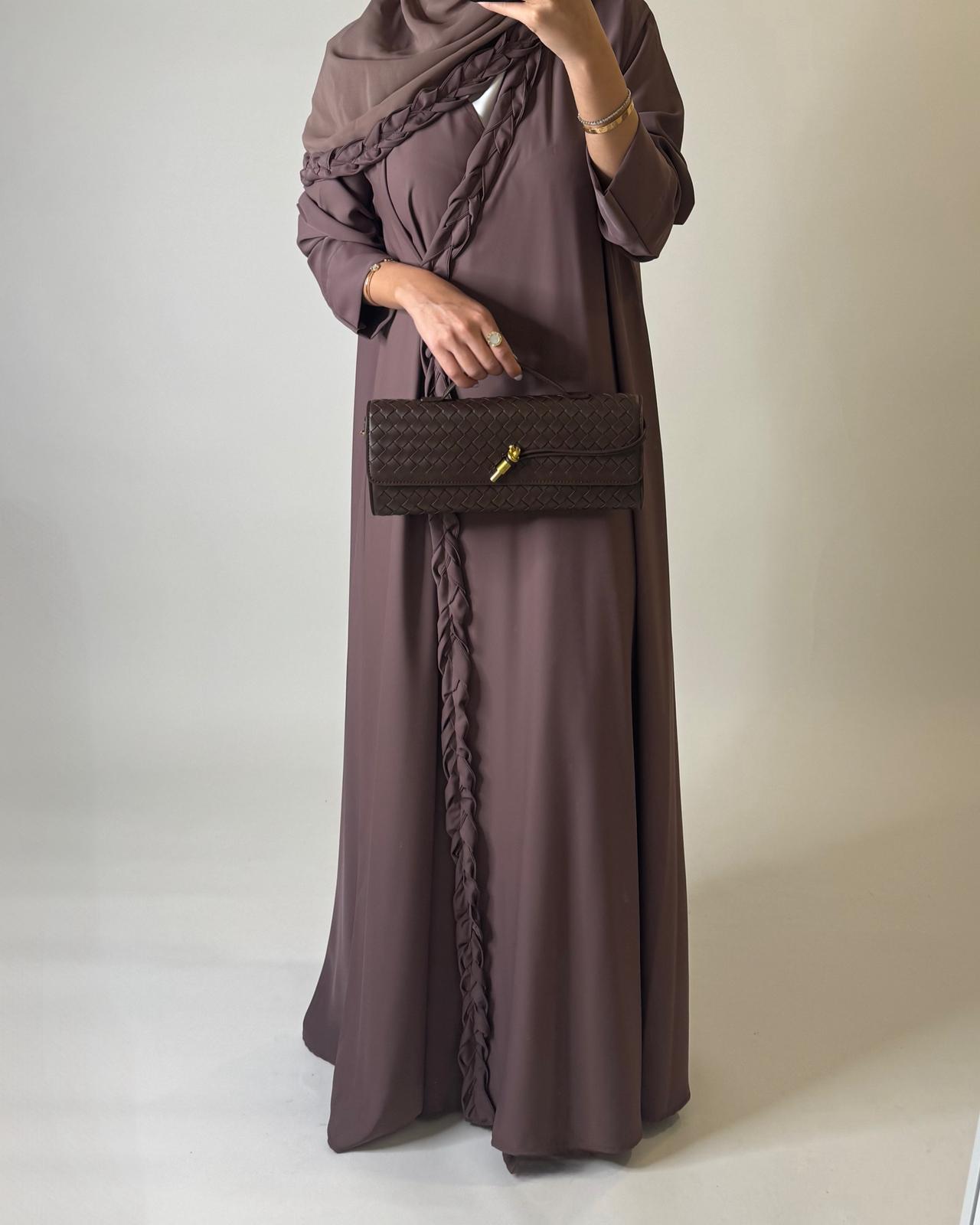 A569 - Brown Braided A-Cut Crepe Abaya with Matching Head Scarf