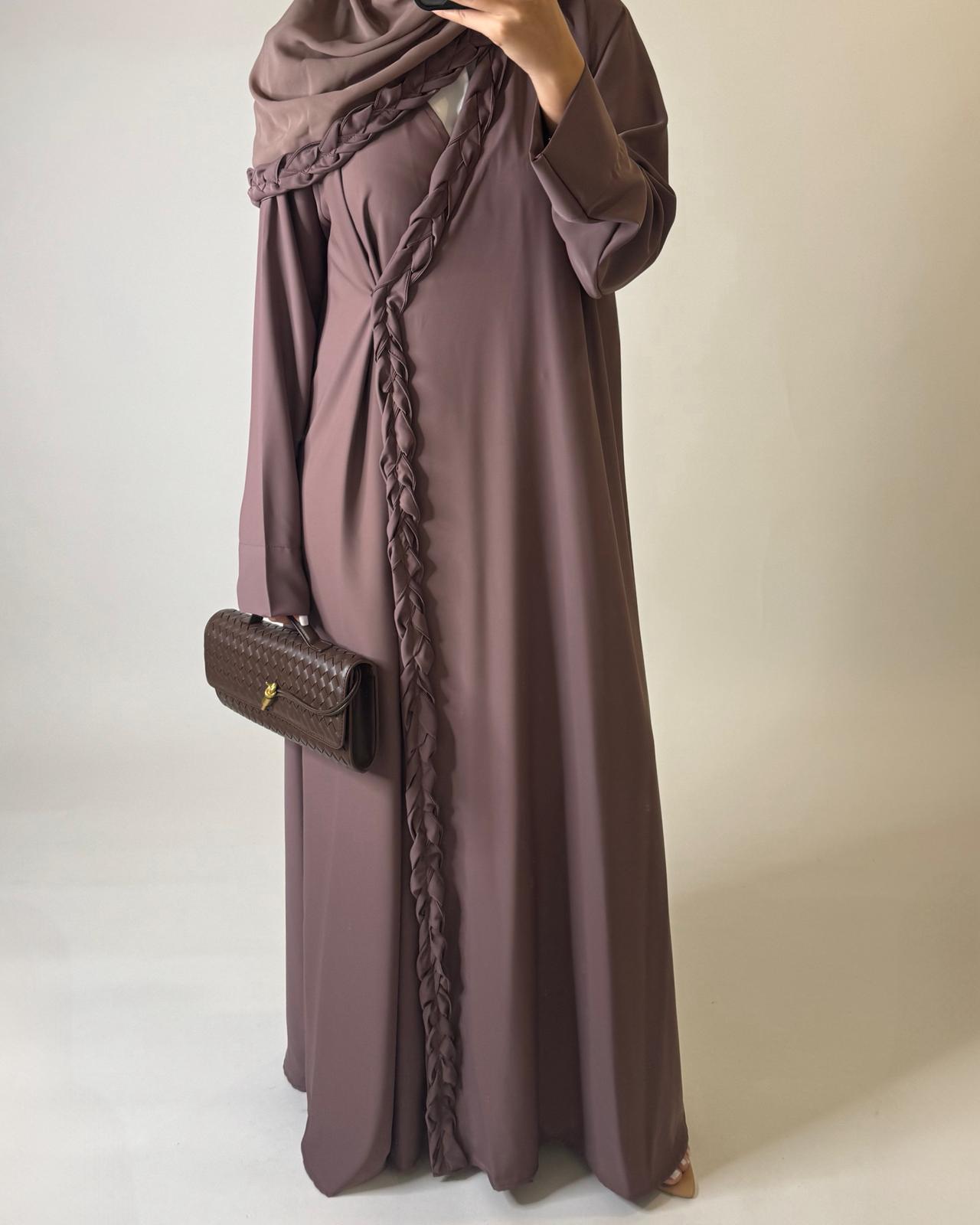 A569 - Brown Braided A-Cut Crepe Abaya with Matching Head Scarf
