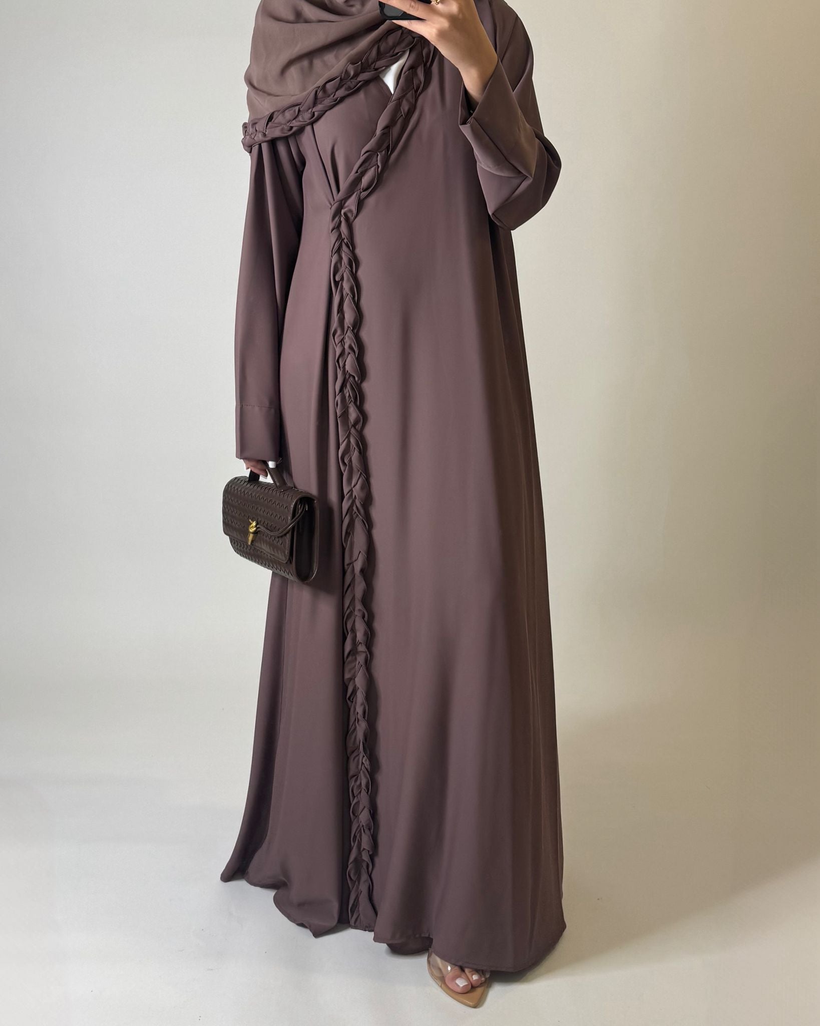 A569 - Brown Braided A-Cut Crepe Abaya with Matching Head Scarf