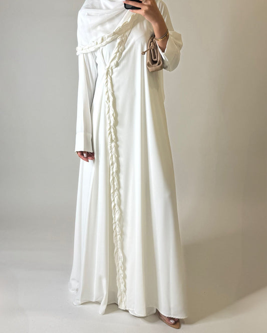 A570 - Off-White Braided A-Cut Crepe Abaya with Matching Head Scarf
