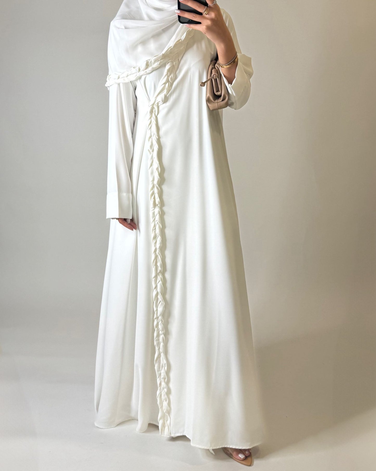 A570 - Off-White Braided A-Cut Crepe Abaya with Matching Head Scarf