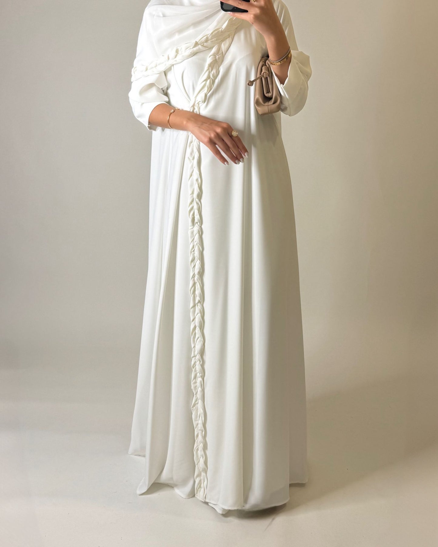 A570 - Off-White Braided A-Cut Crepe Abaya with Matching Head Scarf