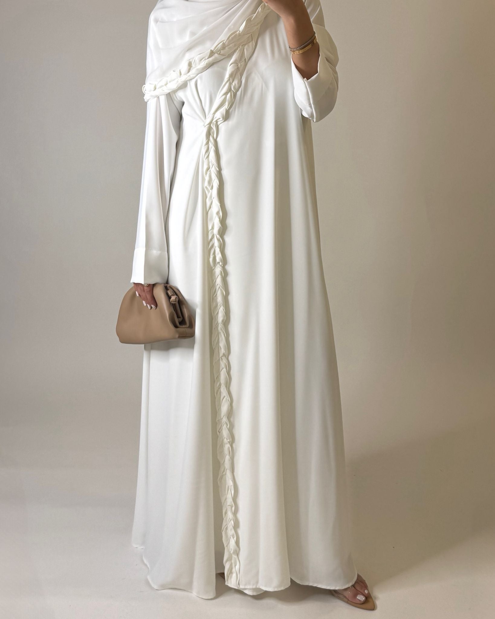 A570 - Off-White Braided A-Cut Crepe Abaya with Matching Head Scarf