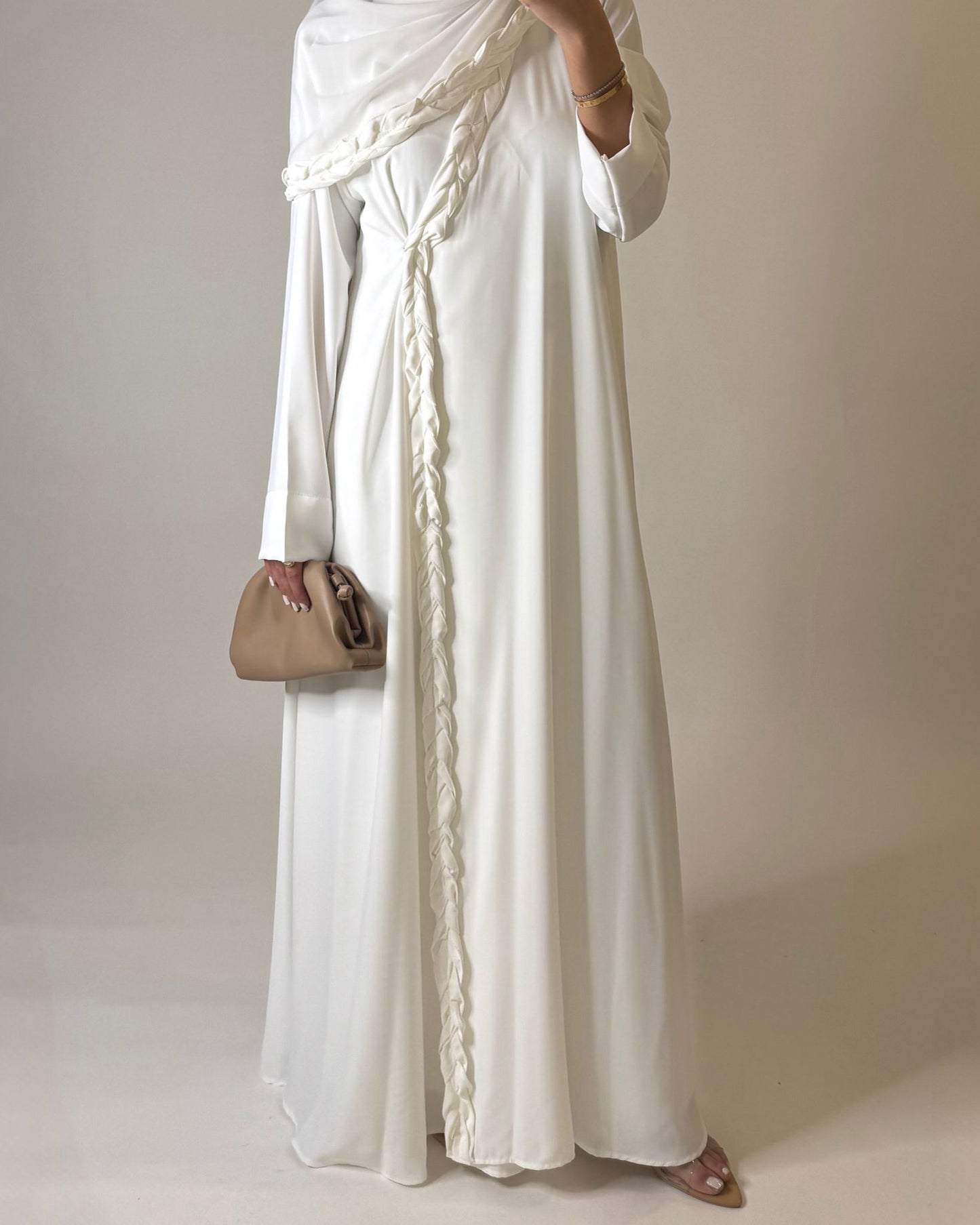 A570 - Off-White Braided A-Cut Crepe Abaya with Matching Head Scarf