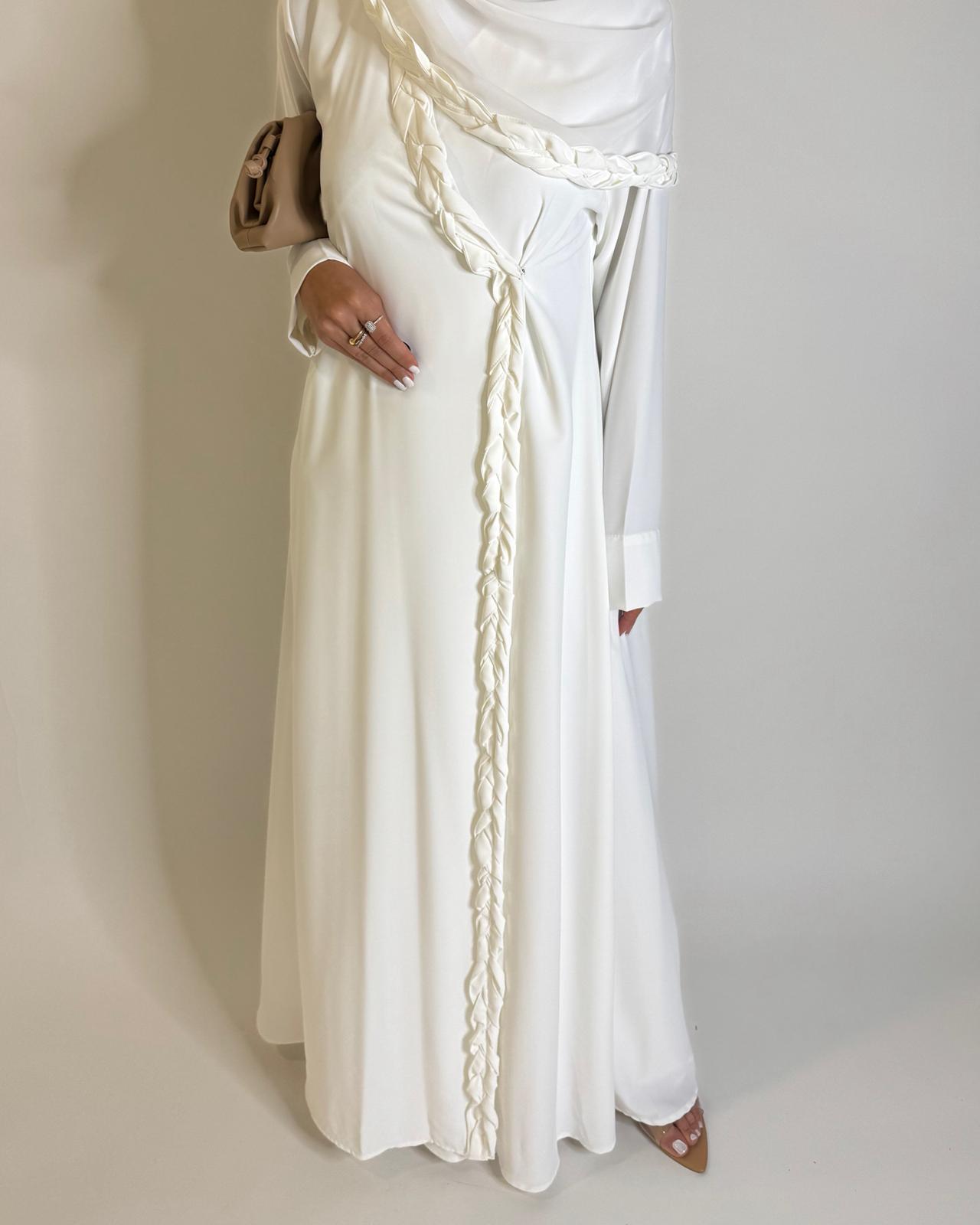 A570 - Off-White Braided A-Cut Crepe Abaya with Matching Head Scarf