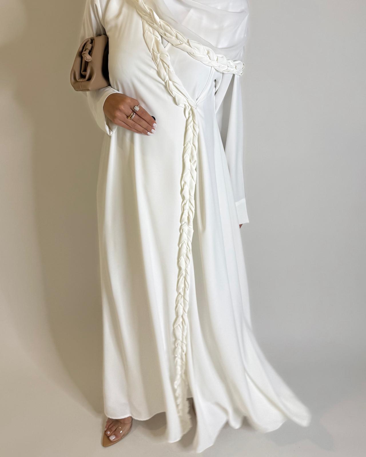 A570 - Off-White Braided A-Cut Crepe Abaya with Matching Head Scarf