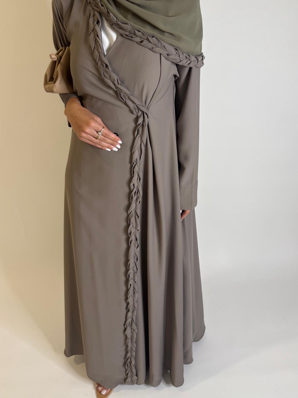 A571 - Khaki Green Braided A-Cut Crepe Abaya with Matching Head Scarf
