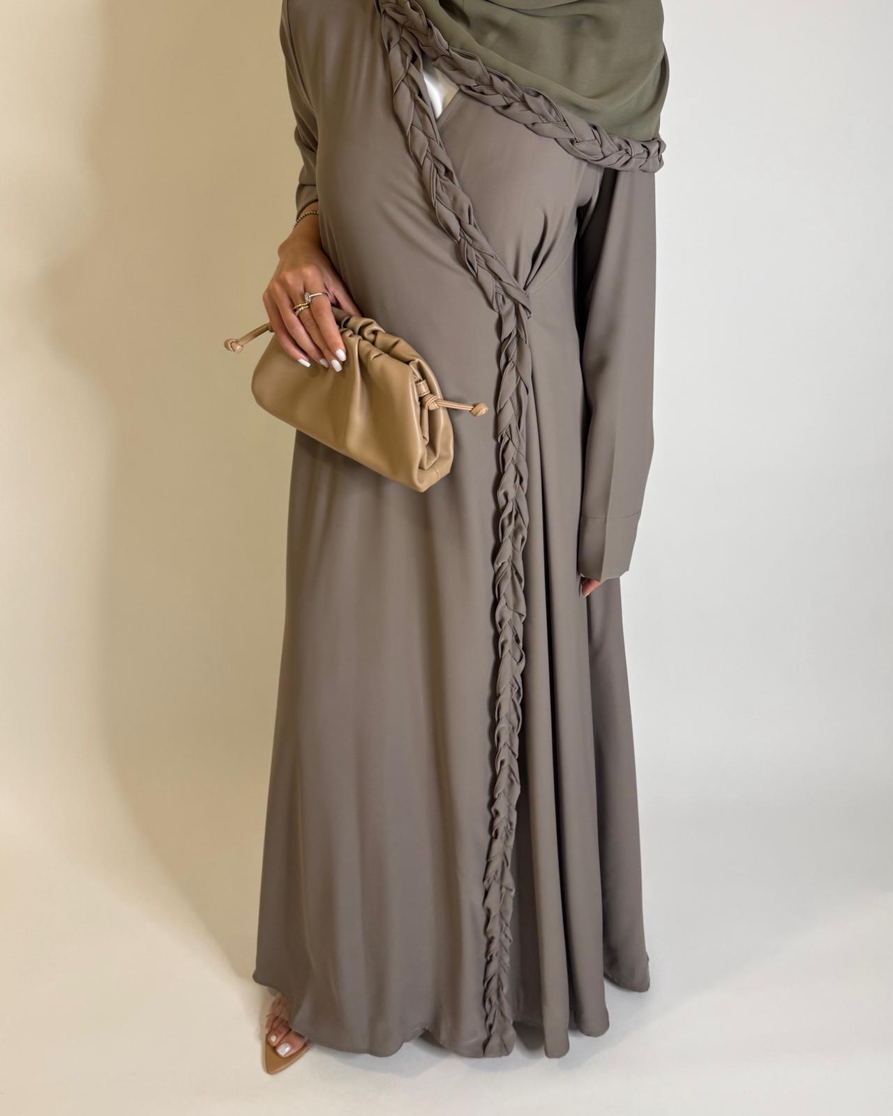 A571 - Khaki Green Braided A-Cut Crepe Abaya with Matching Head Scarf