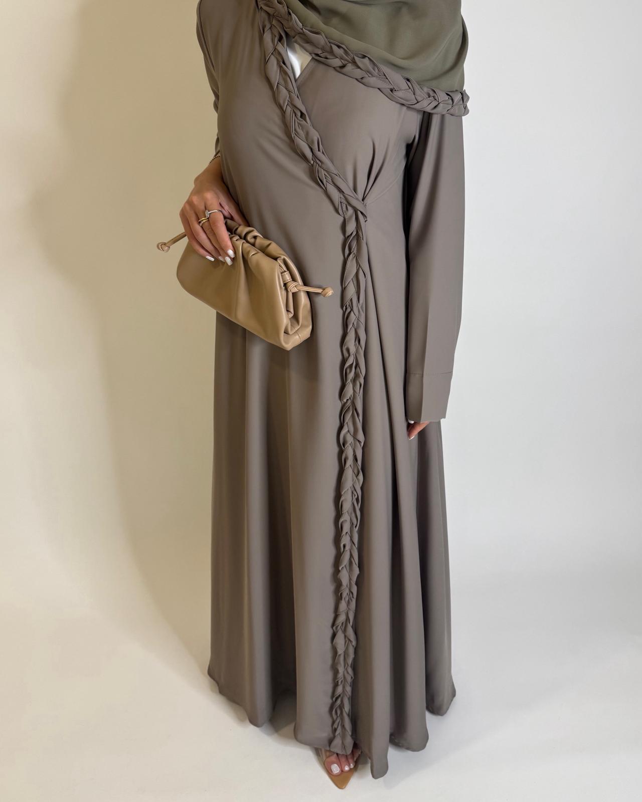 A571 - Khaki Green Braided A-Cut Crepe Abaya with Matching Head Scarf