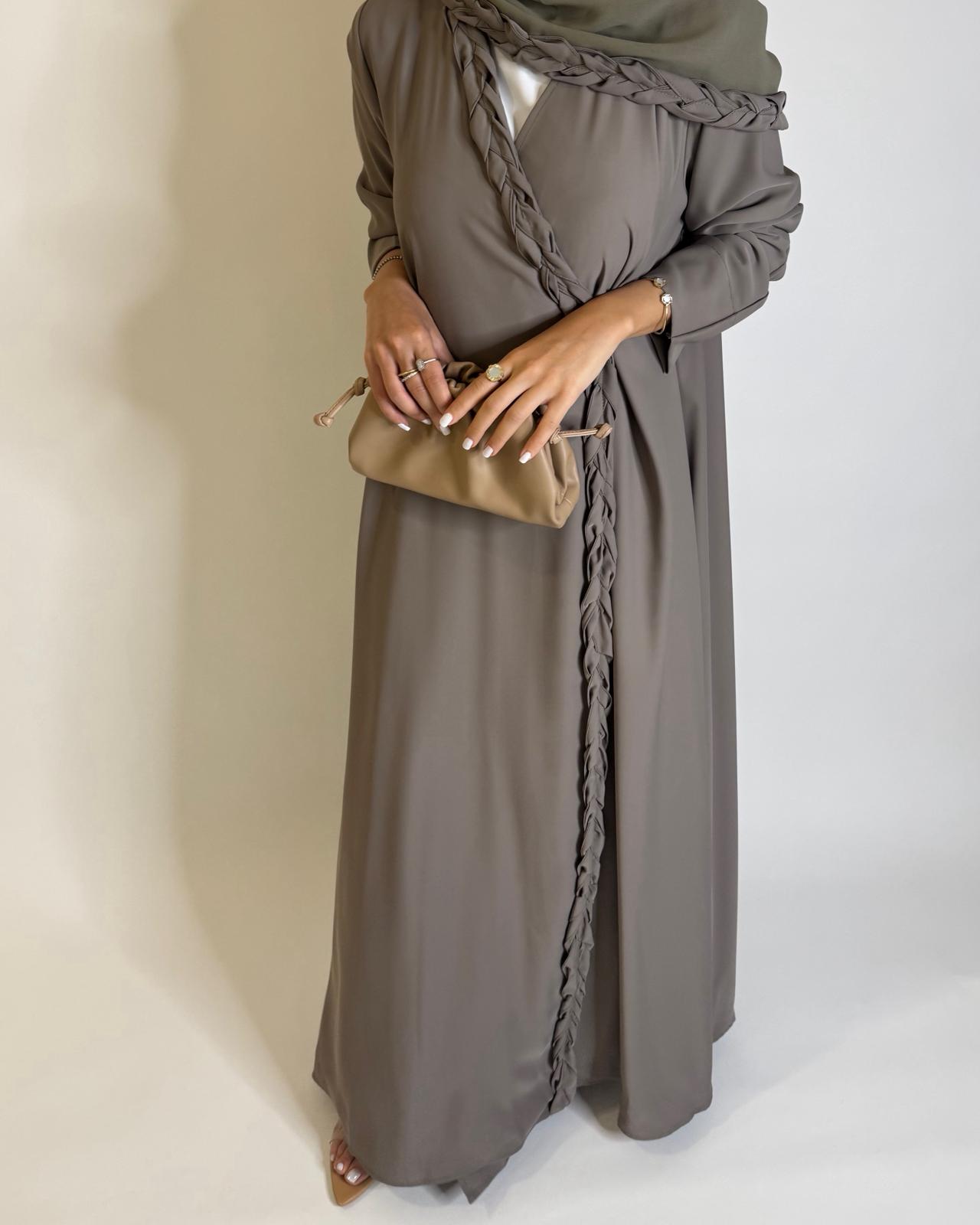 A571 - Khaki Green Braided A-Cut Crepe Abaya with Matching Head Scarf