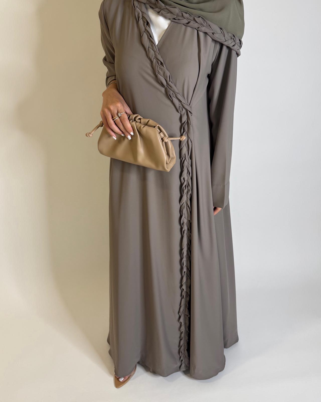 A571 - Khaki Green Braided A-Cut Crepe Abaya with Matching Head Scarf