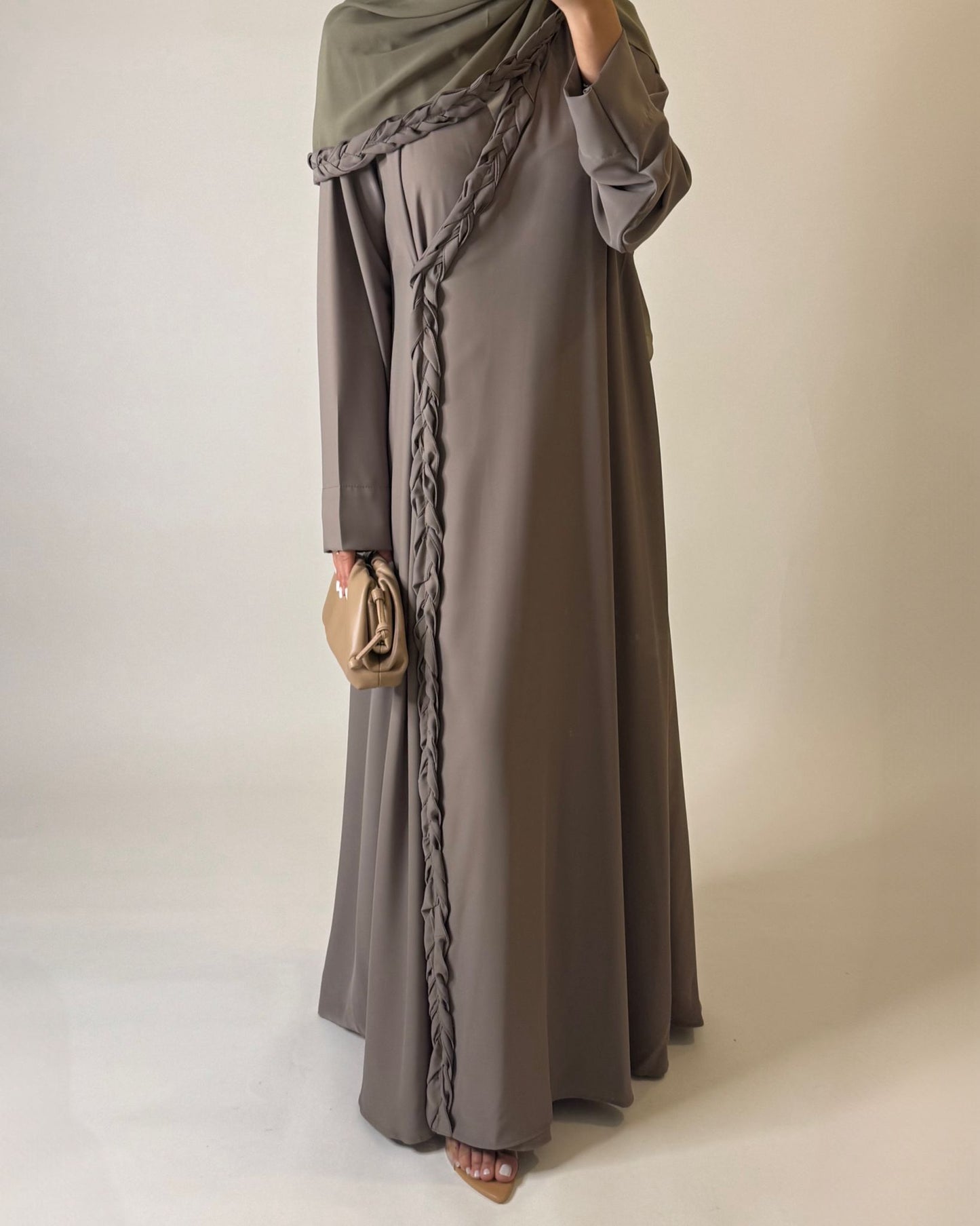 A571 - Khaki Green Braided A-Cut Crepe Abaya with Matching Head Scarf