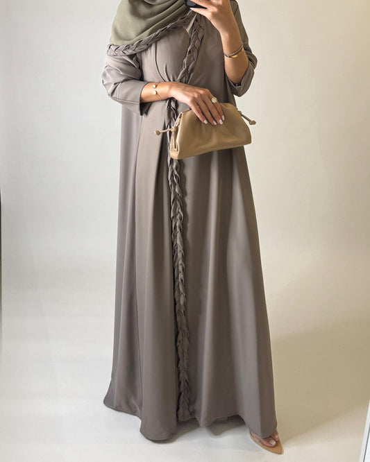 A571 - Khaki Green Braided A-Cut Crepe Abaya with Matching Head Scarf