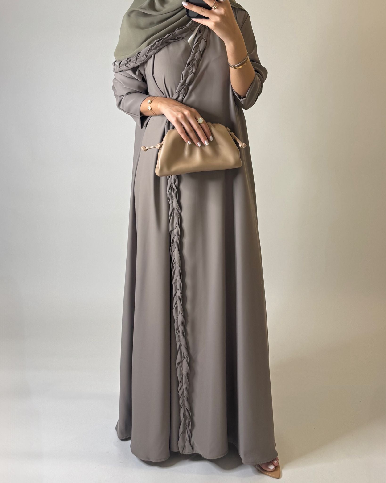 A571 - Khaki Green Braided A-Cut Crepe Abaya with Matching Head Scarf