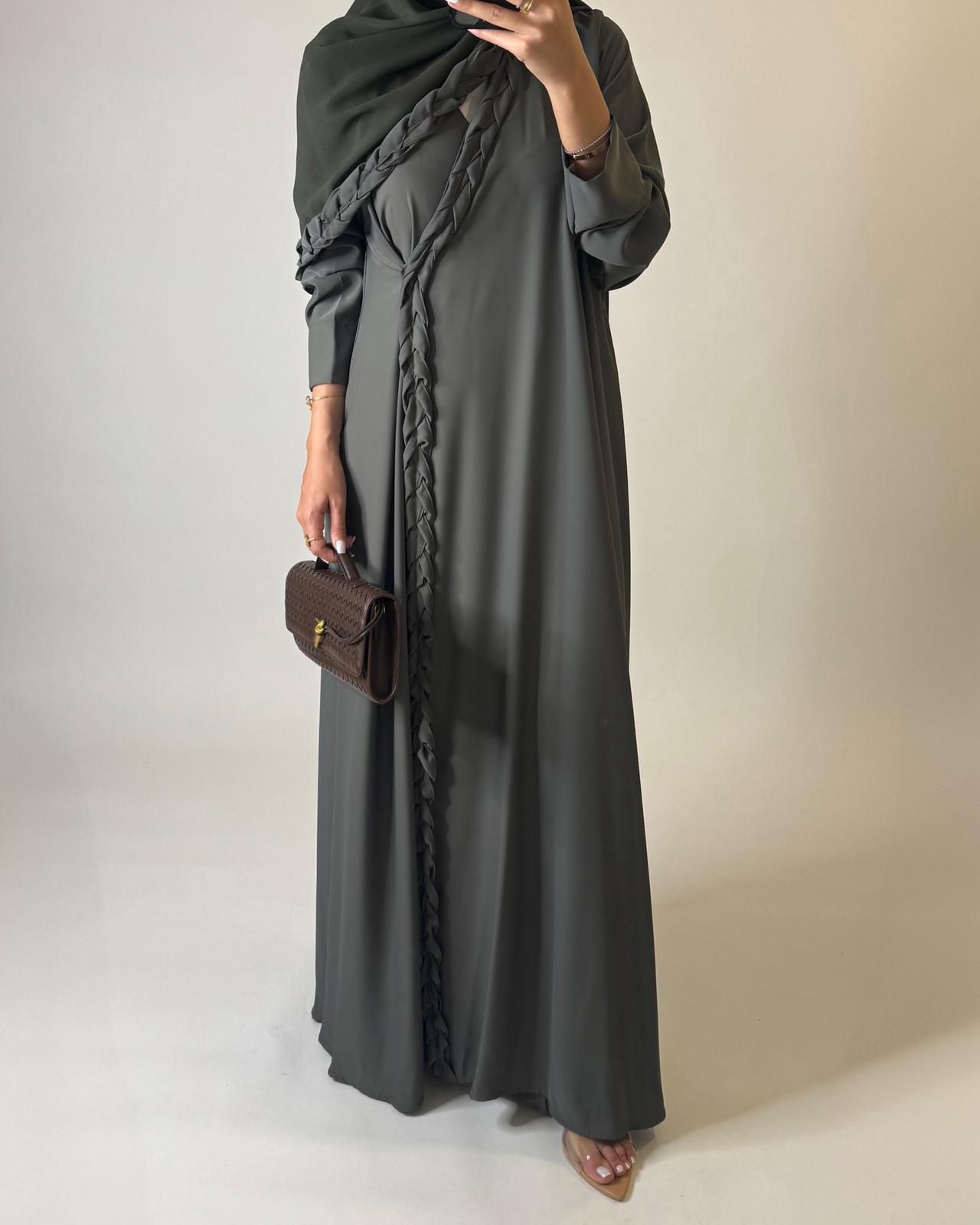 A572 - Olive Green Braided A-Cut Crepe Abaya with Matching Head Scarf