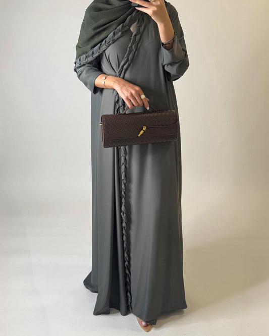 A572 - Olive Green Braided A-Cut Crepe Abaya with Matching Head Scarf