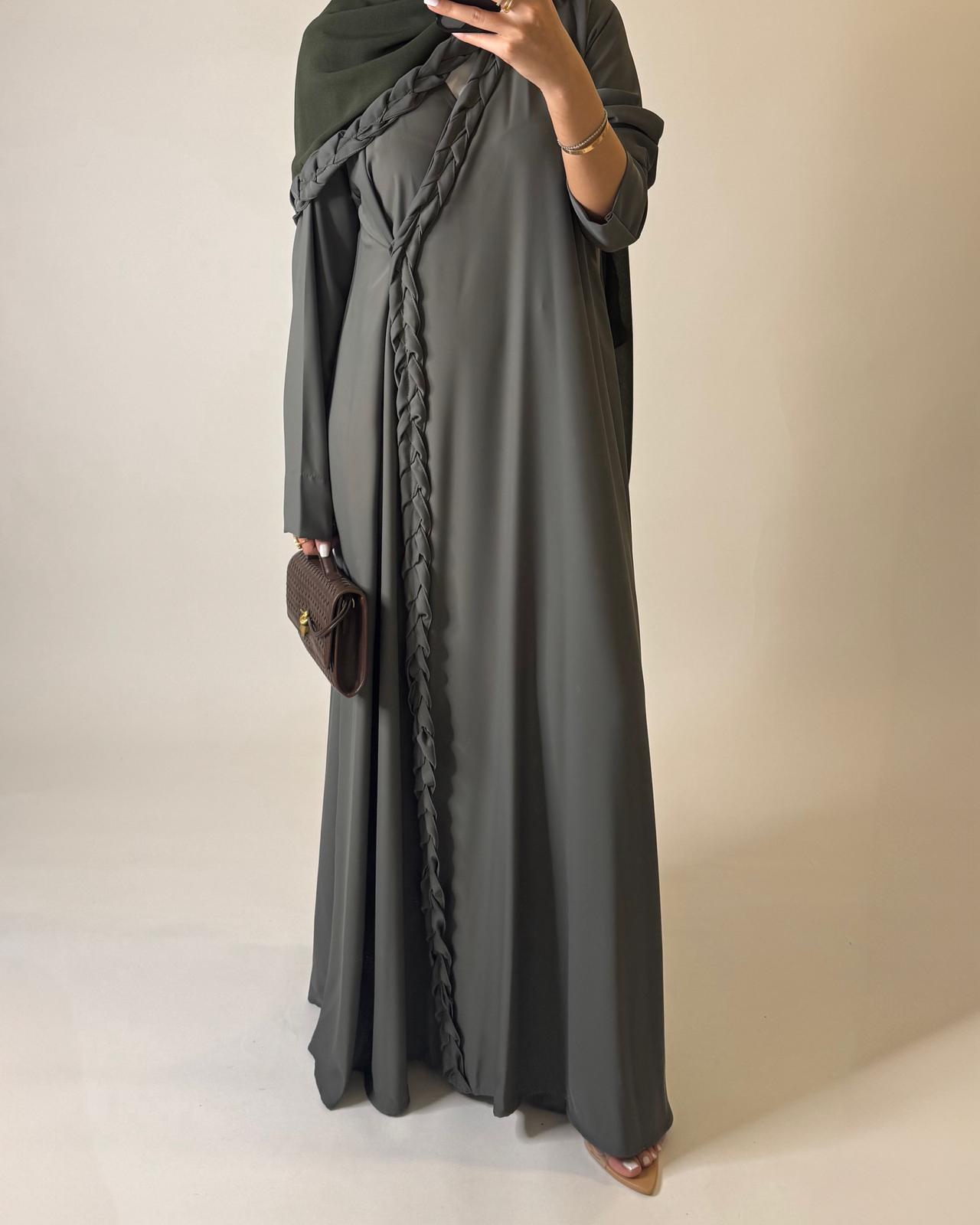 A572 - Olive Green Braided A-Cut Crepe Abaya with Matching Head Scarf