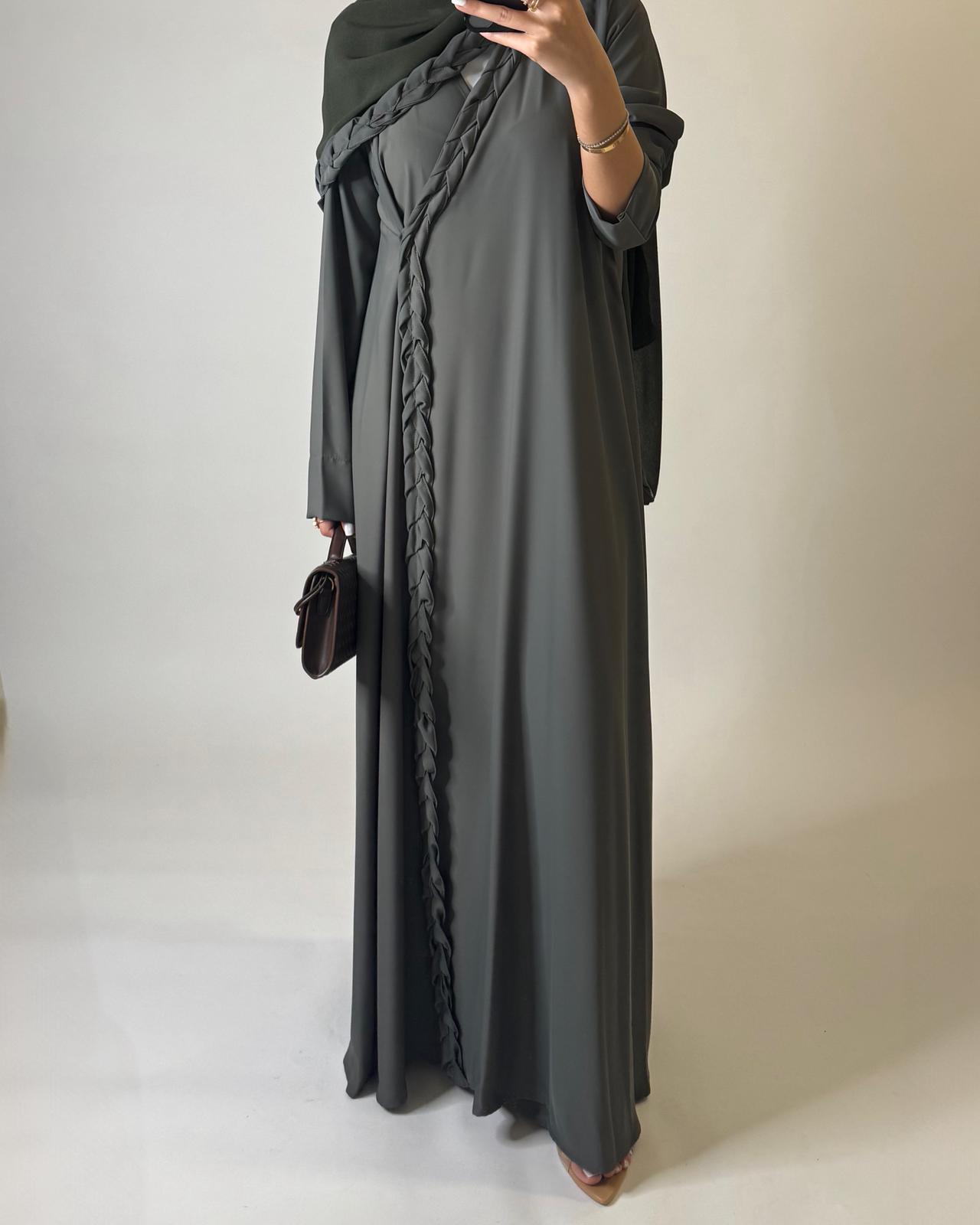 A572 - Olive Green Braided A-Cut Crepe Abaya with Matching Head Scarf
