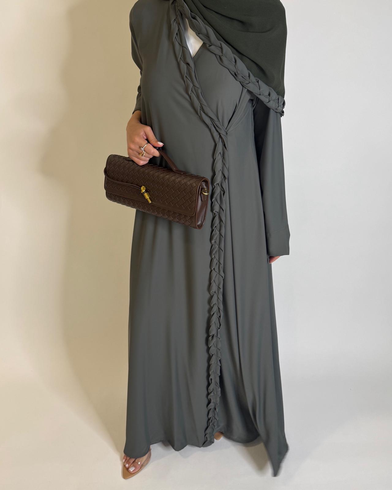 A572 - Olive Green Braided A-Cut Crepe Abaya with Matching Head Scarf