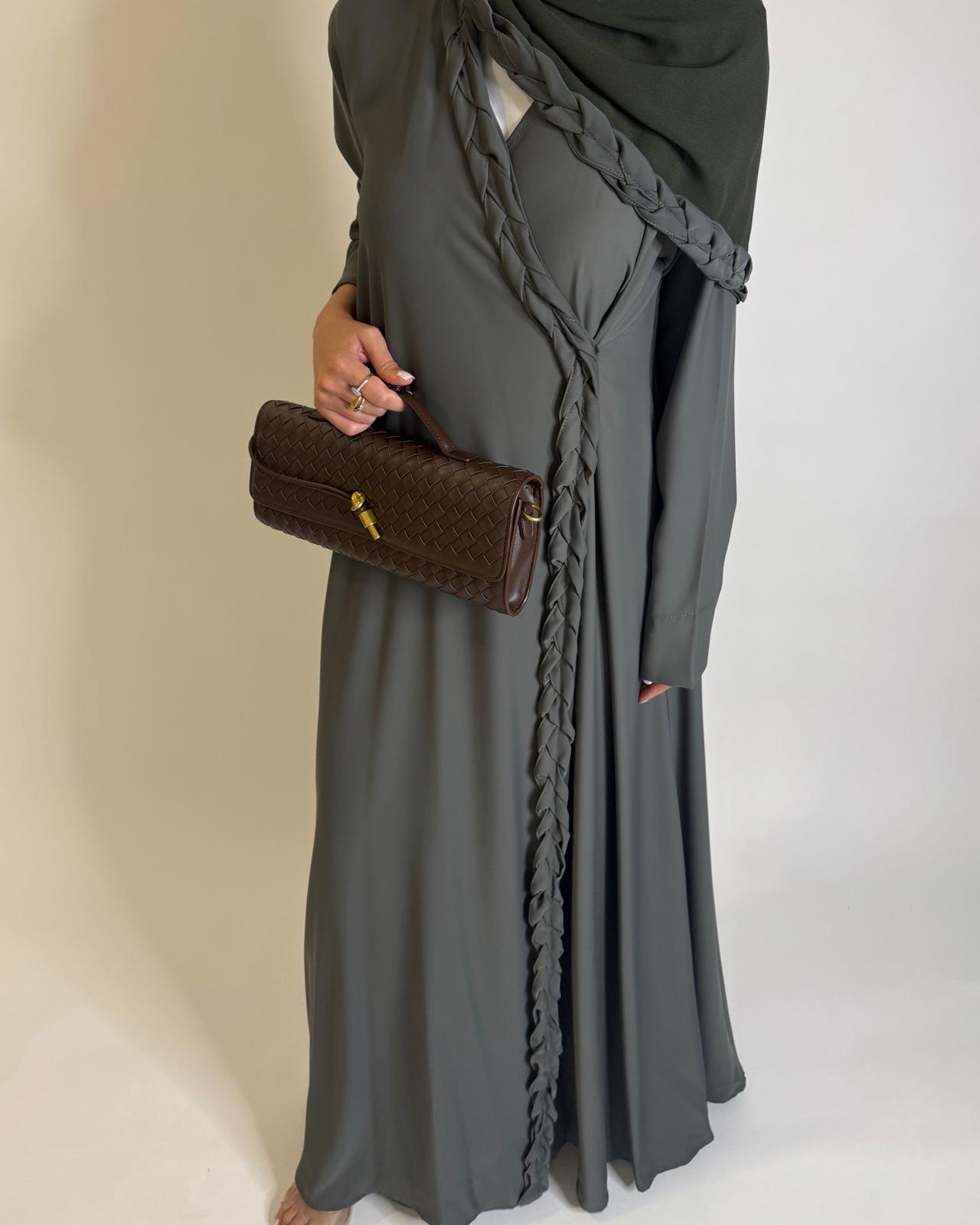 A572 - Olive Green Braided A-Cut Crepe Abaya with Matching Head Scarf
