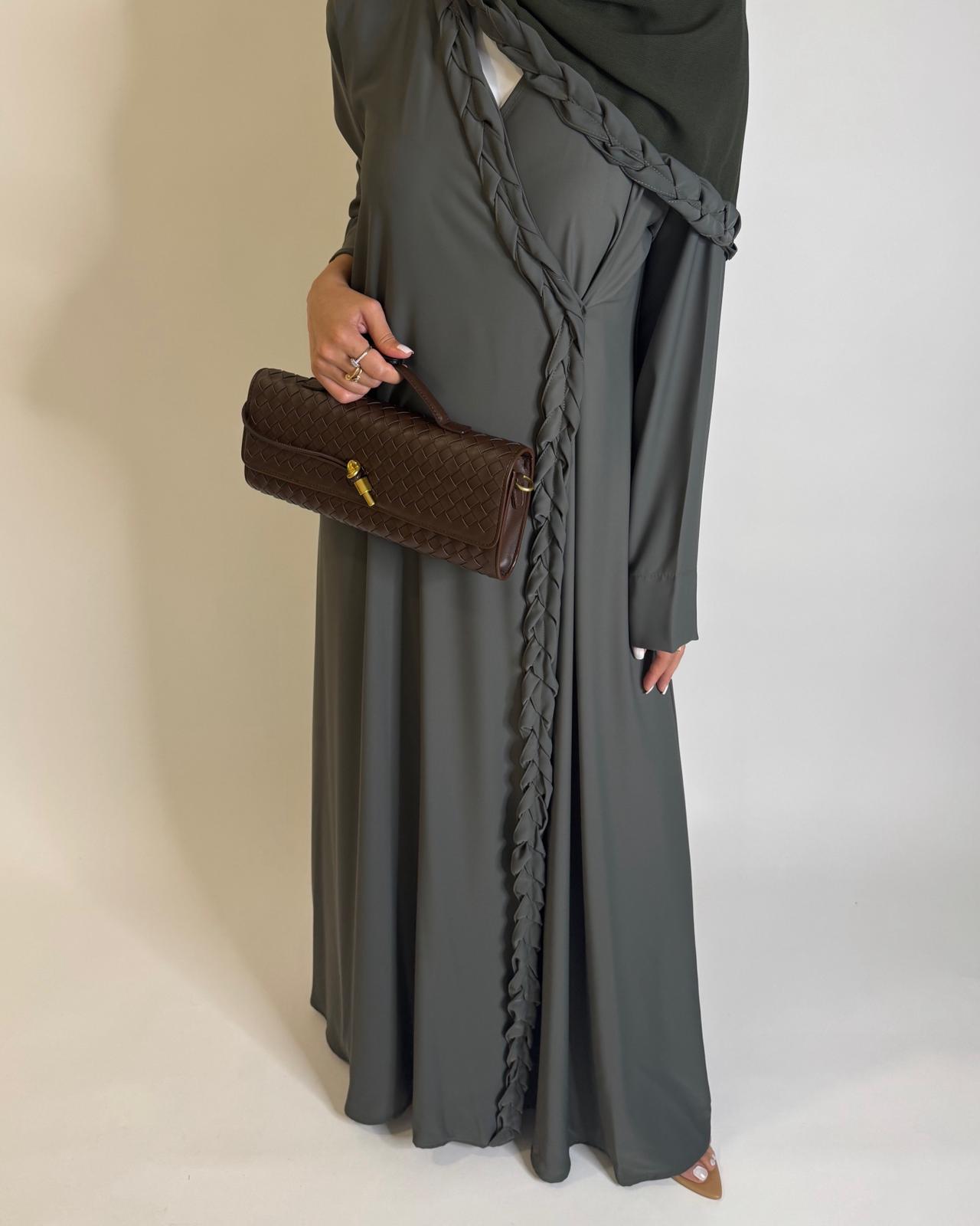 A572 - Olive Green Braided A-Cut Crepe Abaya with Matching Head Scarf