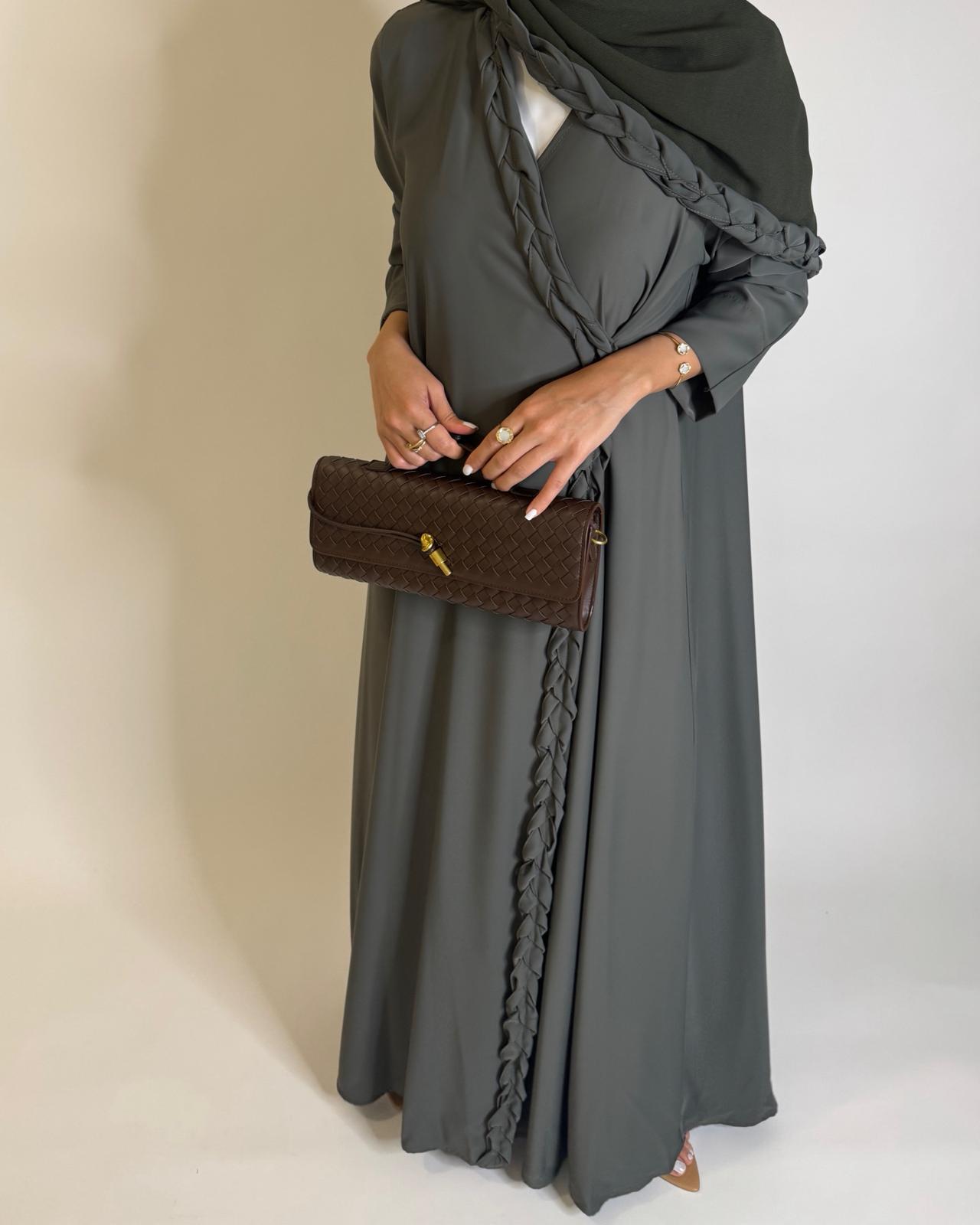 A572 - Olive Green Braided A-Cut Crepe Abaya with Matching Head Scarf