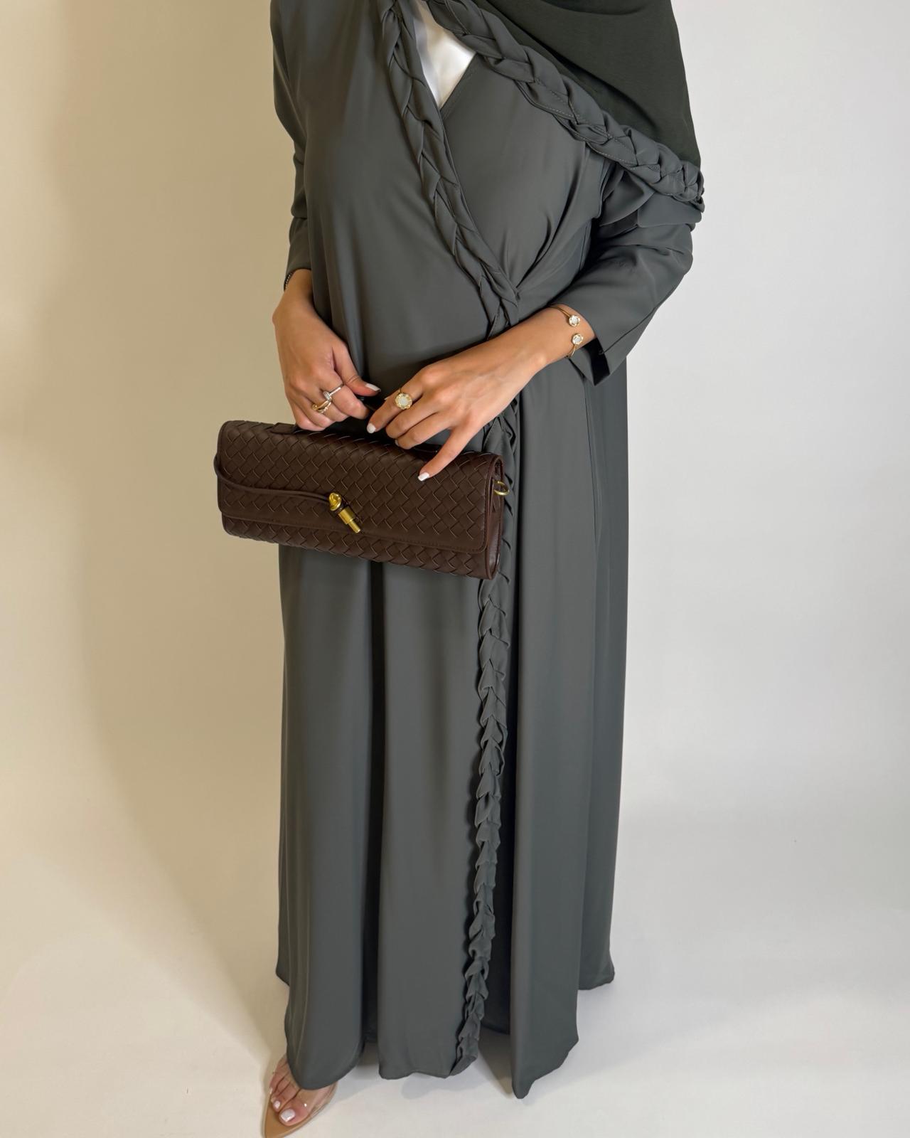 A572 - Olive Green Braided A-Cut Crepe Abaya with Matching Head Scarf