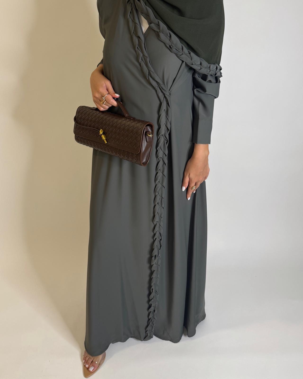 A572 - Olive Green Braided A-Cut Crepe Abaya with Matching Head Scarf