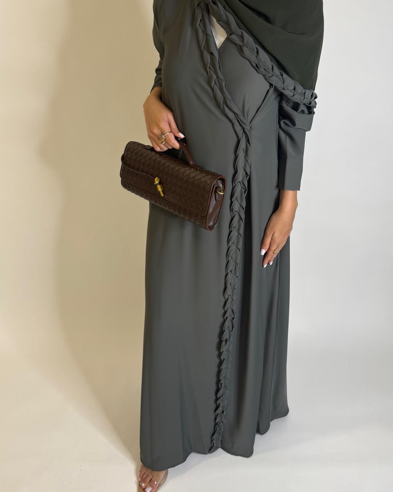 A572 - Olive Green Braided A-Cut Crepe Abaya with Matching Head Scarf