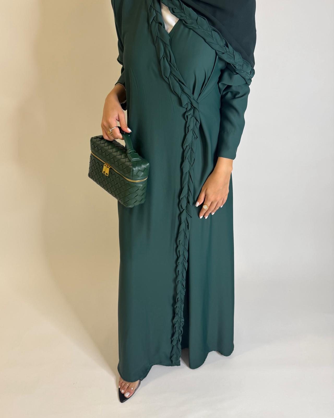 A573 - Forest Green Braided A-Cut Crepe Abaya with Matching Head Scarf