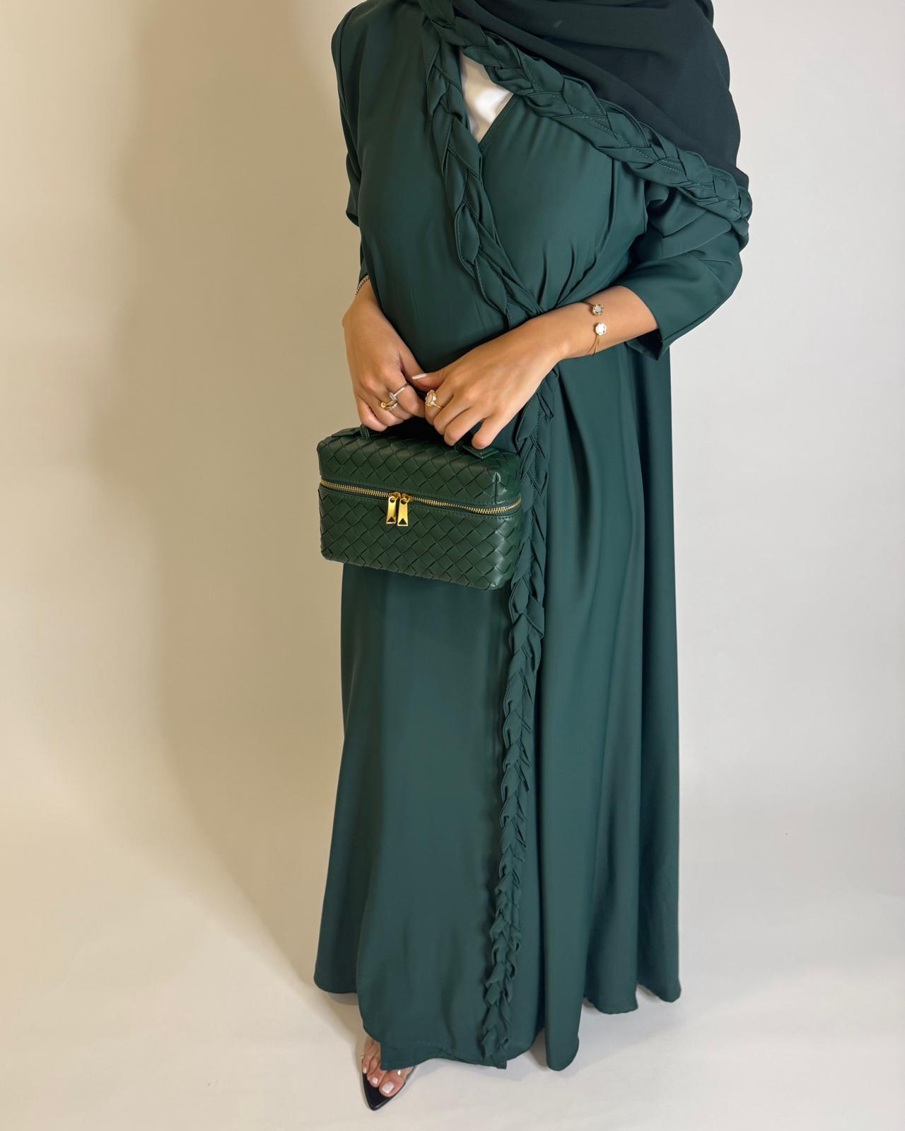 A573 - Forest Green Braided A-Cut Crepe Abaya with Matching Head Scarf