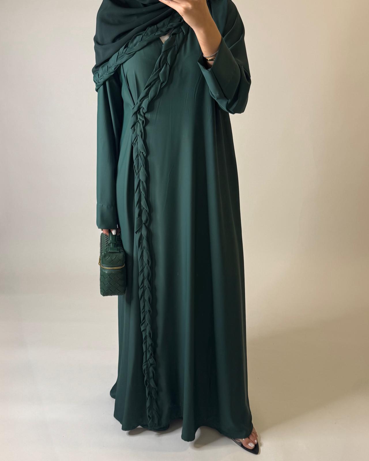 A573 - Forest Green Braided A-Cut Crepe Abaya with Matching Head Scarf