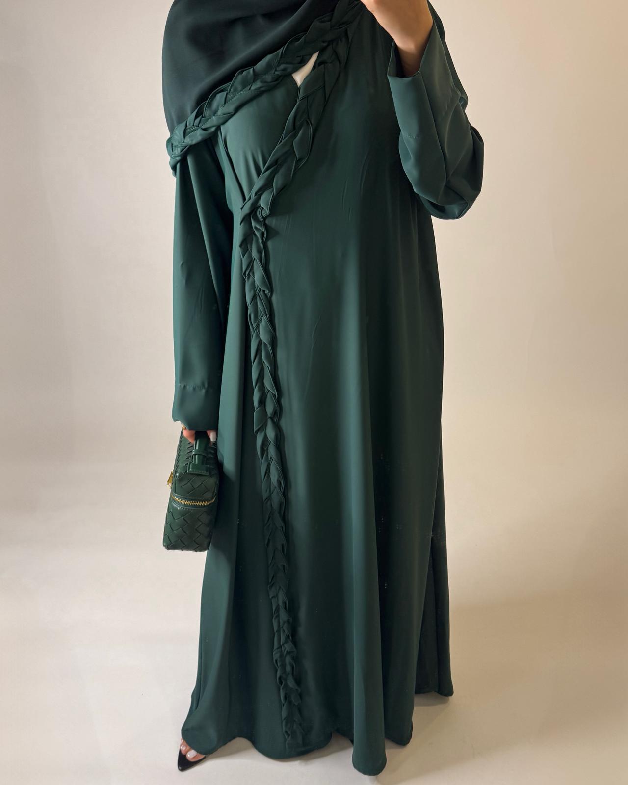 A573 - Forest Green Braided A-Cut Crepe Abaya with Matching Head Scarf