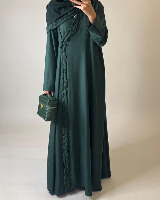 A573 - Forest Green Braided A-Cut Crepe Abaya with Matching Head Scarf