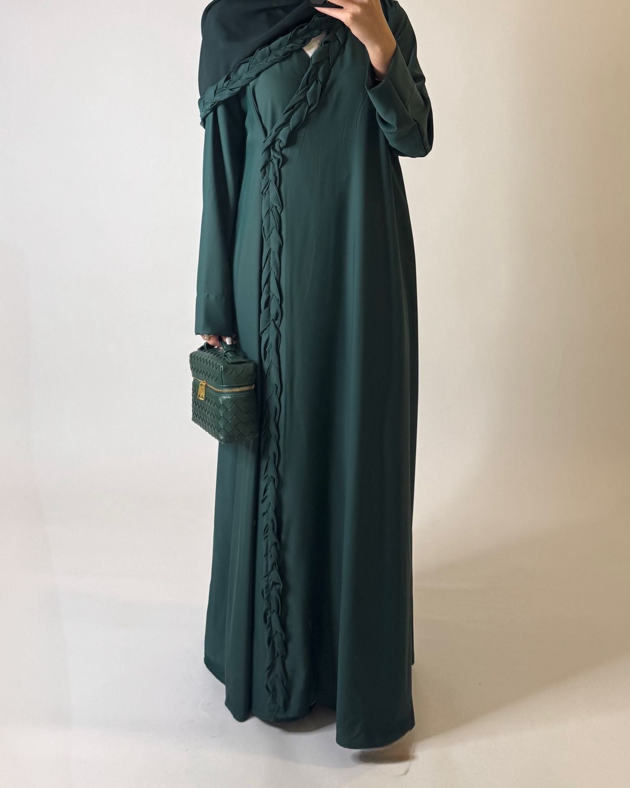 A573 - Forest Green Braided A-Cut Crepe Abaya with Matching Head Scarf