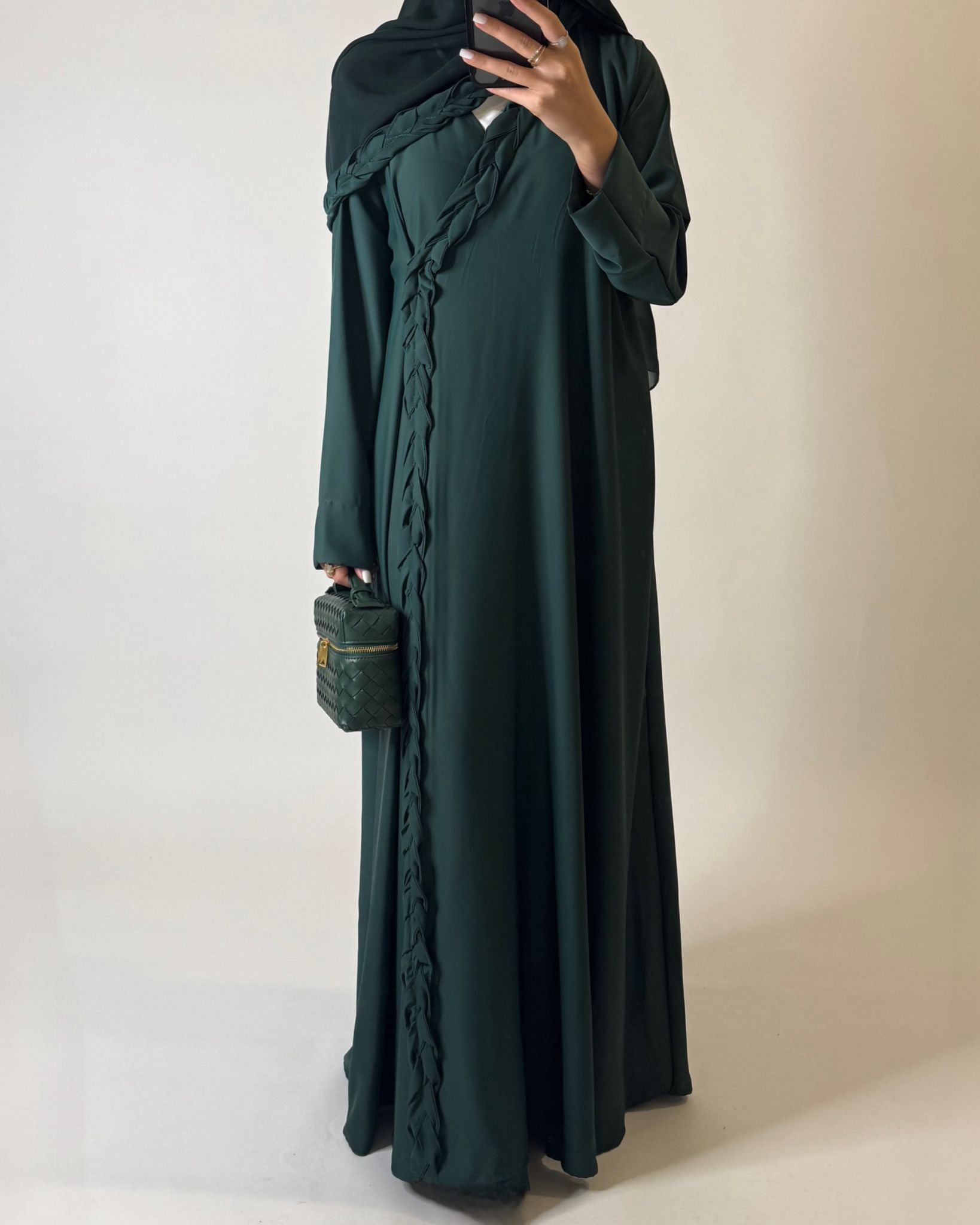 A573 - Forest Green Braided A-Cut Crepe Abaya with Matching Head Scarf