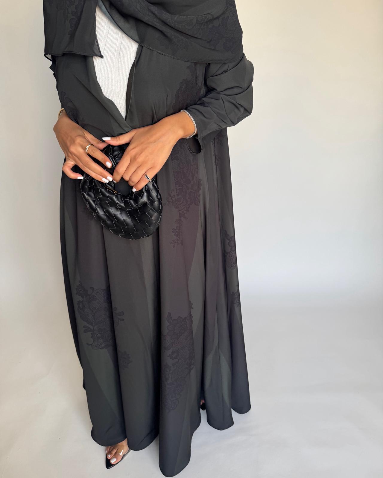 A575 - Green & Black Striped Abaya with Black Lace Pattern A-Cut Abaya & Matching Head Scarf