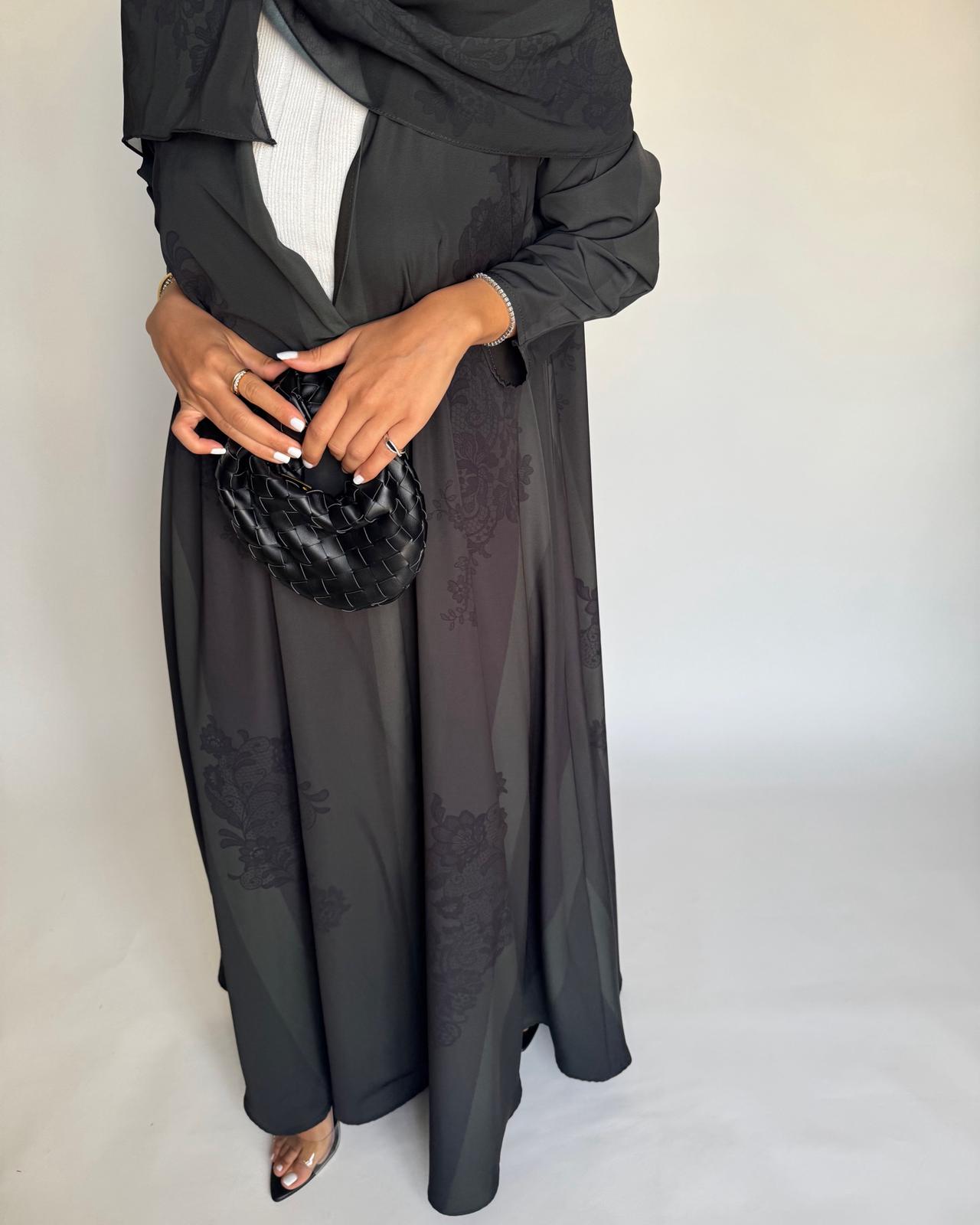 A575 - Green & Black Striped Abaya with Black Lace Pattern A-Cut Abaya & Matching Head Scarf