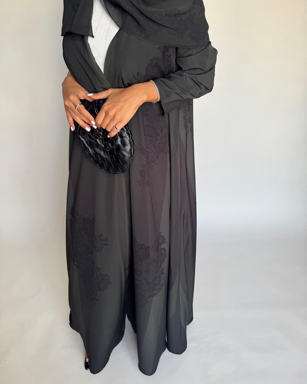 A575 - Green & Black Striped Abaya with Black Lace Pattern A-Cut Abaya & Matching Head Scarf