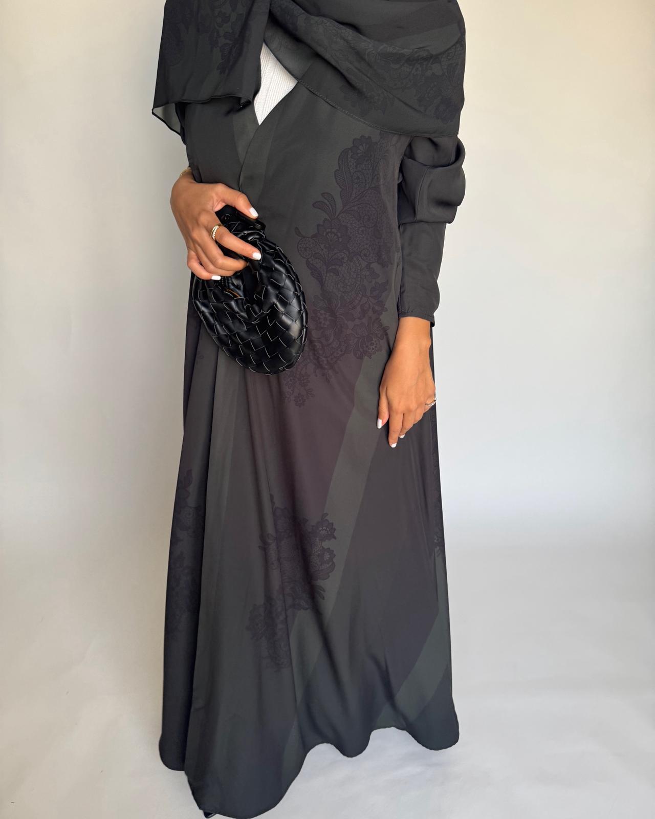 A575 - Green & Black Striped Abaya with Black Lace Pattern A-Cut Abaya & Matching Head Scarf