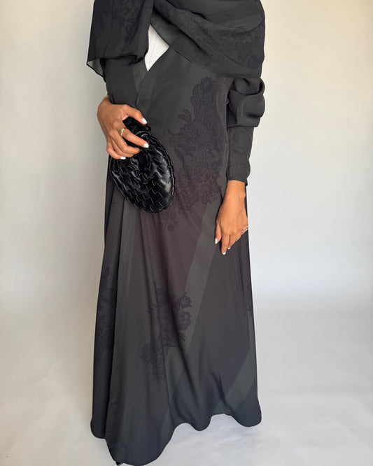A575 - Green & Black Striped Abaya with Black Lace Pattern A-Cut Abaya & Matching Head Scarf