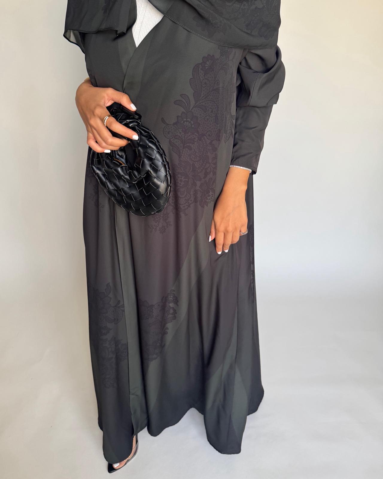 A575 - Green & Black Striped Abaya with Black Lace Pattern A-Cut Abaya & Matching Head Scarf