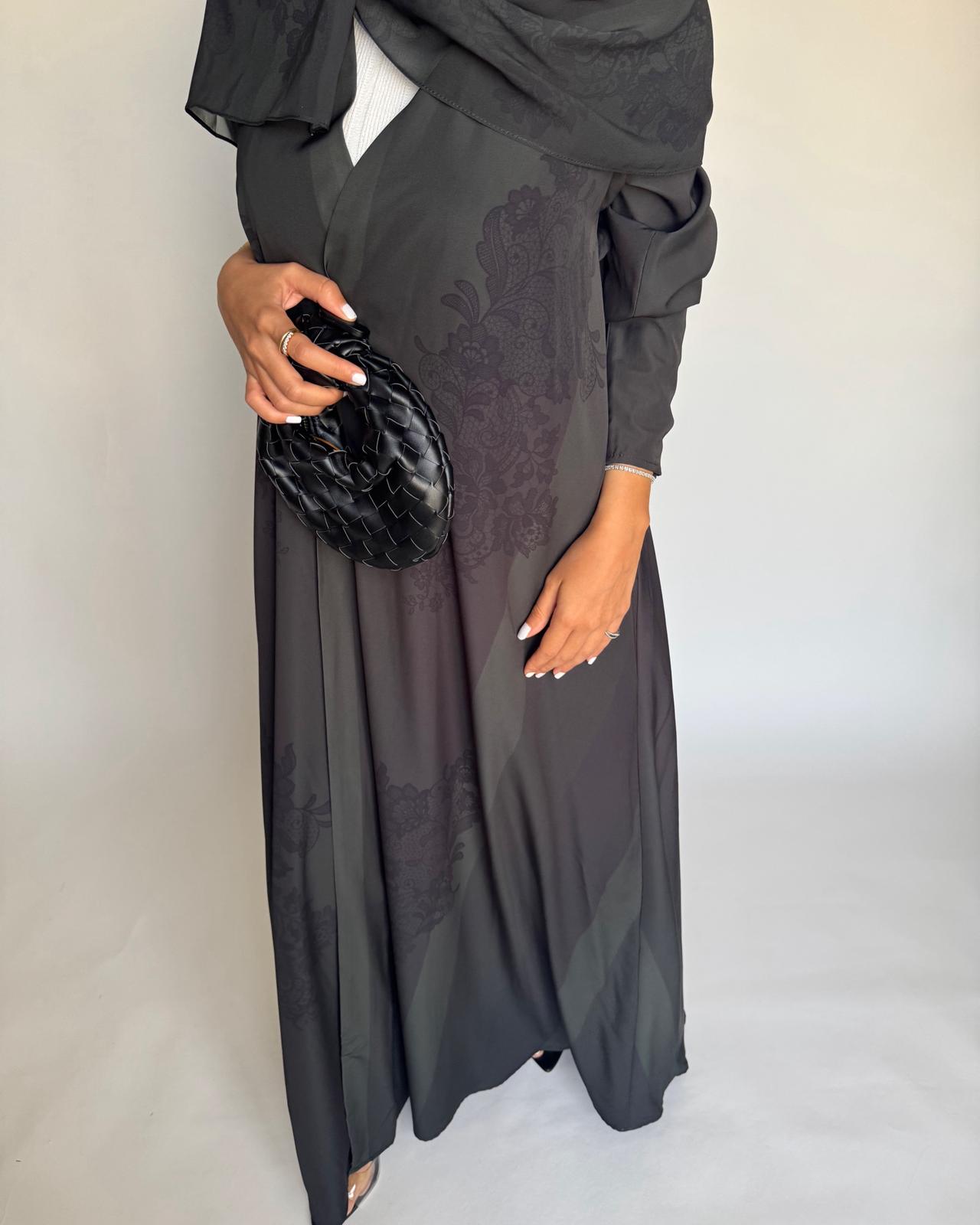 A575 - Green & Black Striped Abaya with Black Lace Pattern A-Cut Abaya & Matching Head Scarf