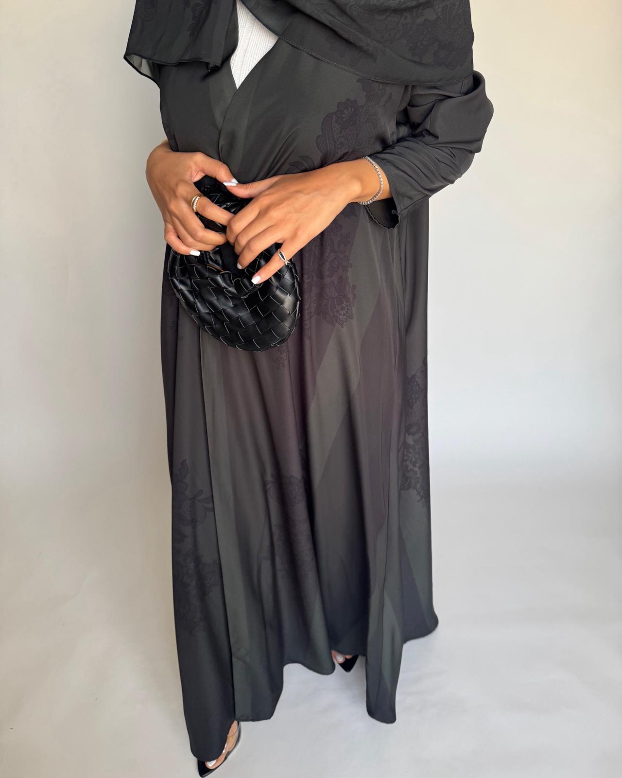 A575 - Green & Black Striped Abaya with Black Lace Pattern A-Cut Abaya & Matching Head Scarf