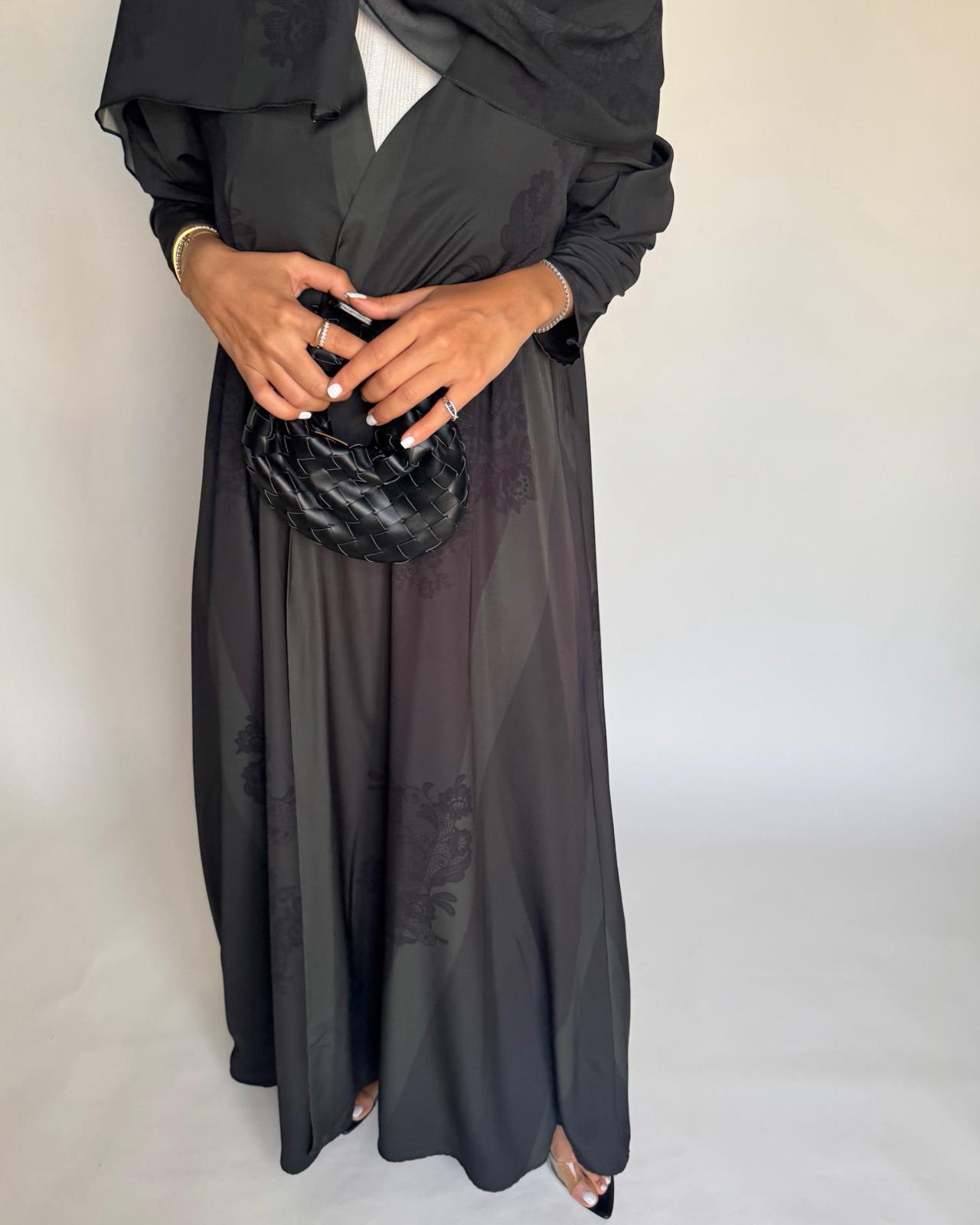 A575 - Green & Black Striped Abaya with Black Lace Pattern A-Cut Abaya & Matching Head Scarf