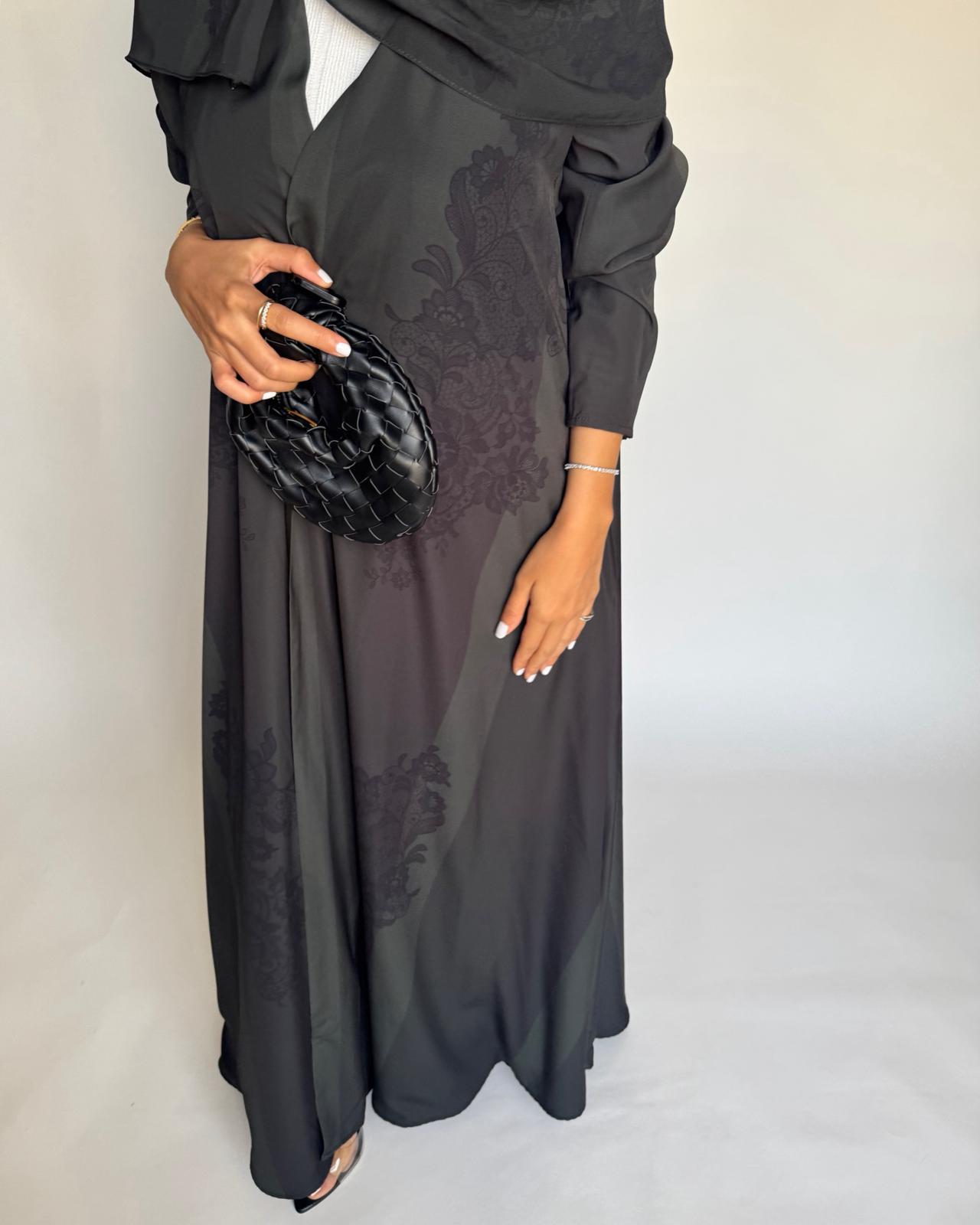 A575 - Green & Black Striped Abaya with Black Lace Pattern A-Cut Abaya & Matching Head Scarf